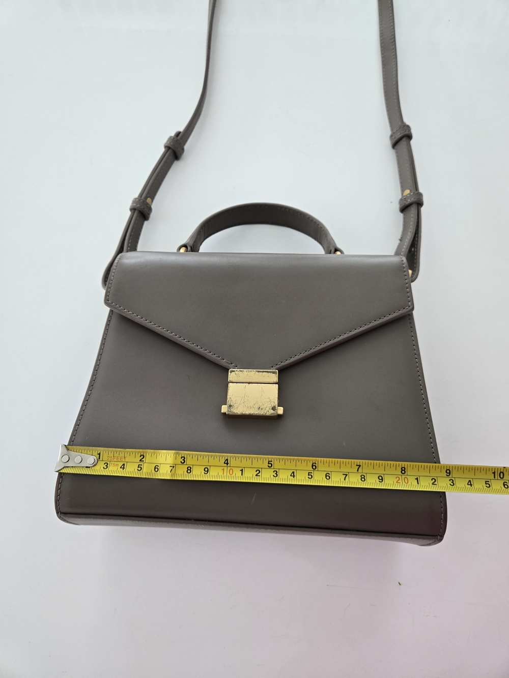 Quince Small Handle Crossbody Satchel w/ Detachable Strap Taupe Gold Hardware - Picture 11 of 16